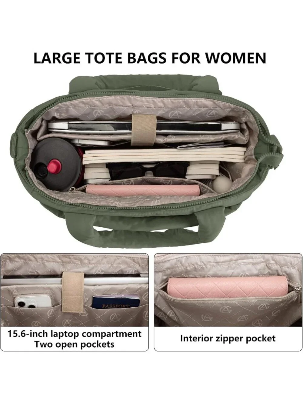 👜Women's Dark Green Quilted Puffer Tote Bag Lightweight Work For Travel Handbag